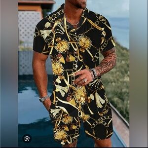 Men’s Black and Gold Chain Print Shirt and Shorts Set , beach vacation outfit